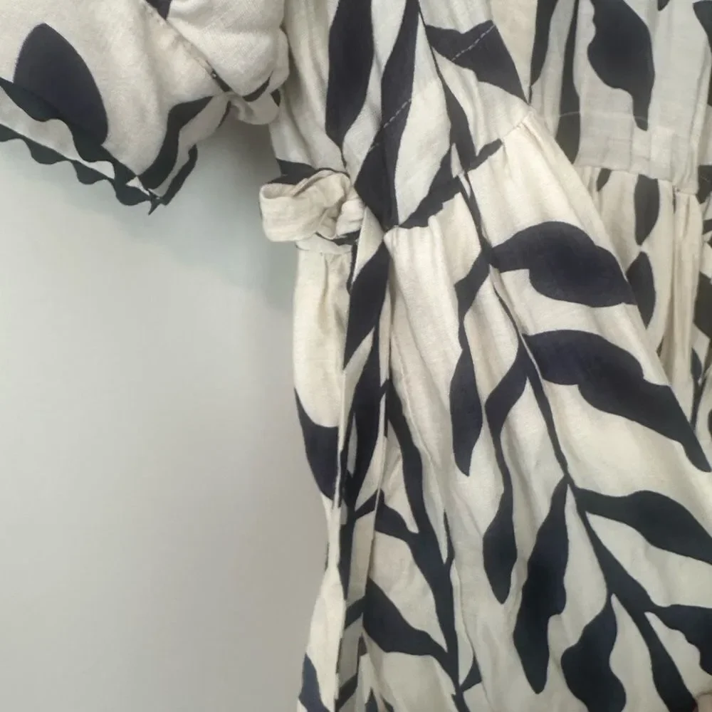 Entro Navy Blue Leaf Print Scallop Trim Midi Shirt Dress L - Picture 5 of 9